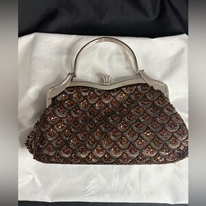 Brown beaded evening purse,with scale patterned embroidery